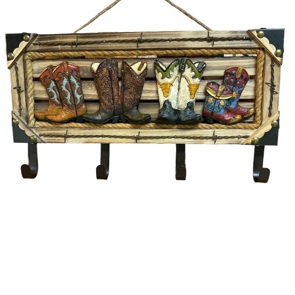 Western Rustic Cowboy Boots Hanger Wooden Entranceway Coat/Key Rack - Picture 1 of 11